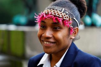 Cynthia Houniuhi, Solomon Islands youth climate activist, speaks during the United Nations' top court International Court of Justice (ICJ) public hearings, in The Hague, Netherlands, December 2, 2024.